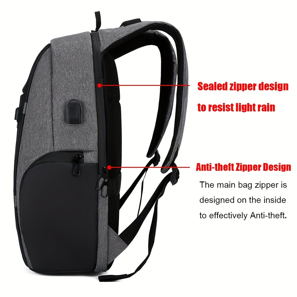 Gray laptop backpack with sealed zippers for rain protection and anti-theft design