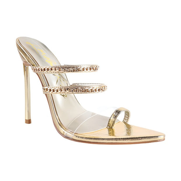 Gold strappy stiletto heeled sandals with clear straps and double rhinestone embellishments