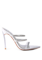 Silver strappy stiletto heeled sandals with clear straps and rhinestone detailing by Rag Company