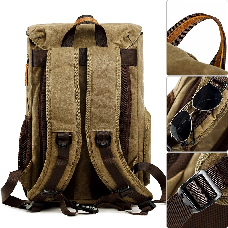 Brown canvas backpack with large capacity, perfect for travel