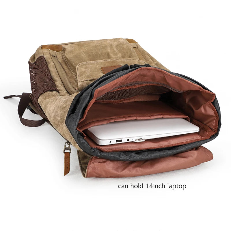 Brown canvas backpack with large capacity, holds 14-inch laptop