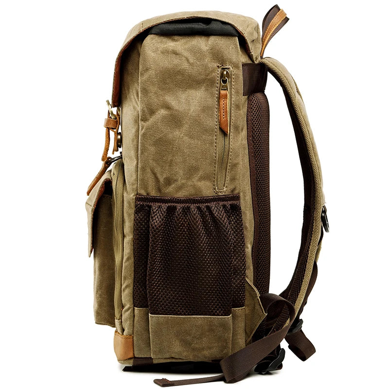 Brown canvas backpack with large capacity for outdoor adventures