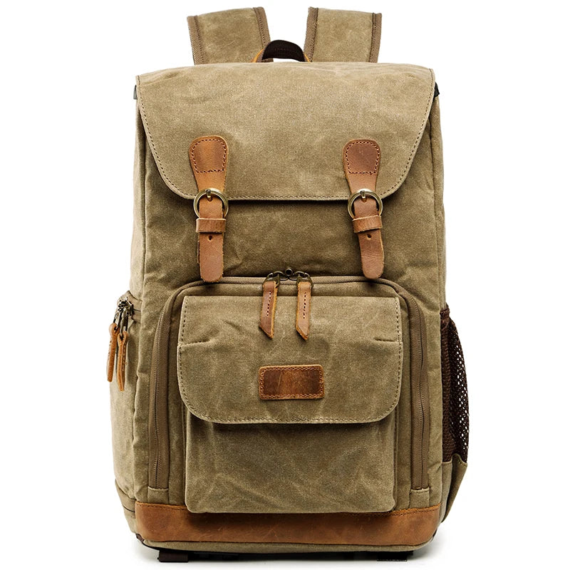Khaki canvas backpack with large capacity for outdoor adventures