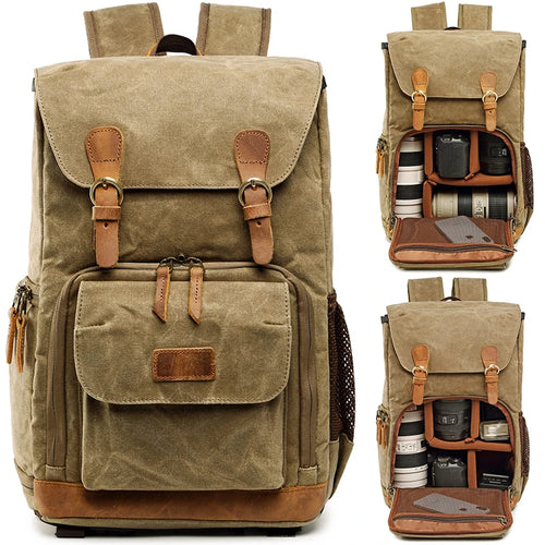 Khaki canvas backpack with large capacity for travel and daily use