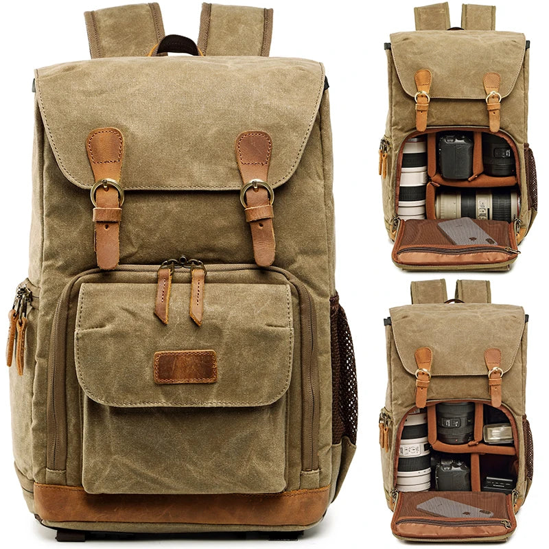 Khaki canvas backpack with large capacity for travel and daily use