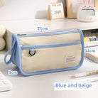 Large capacity canvas pencil case in blue and beige with multiple pockets for organization