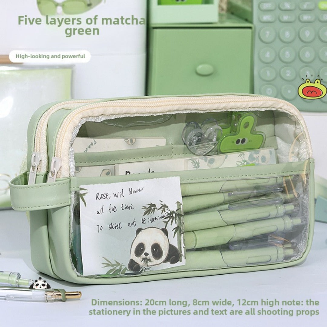 Large capacity transparent pencil case in matcha green with multiple layers for organization