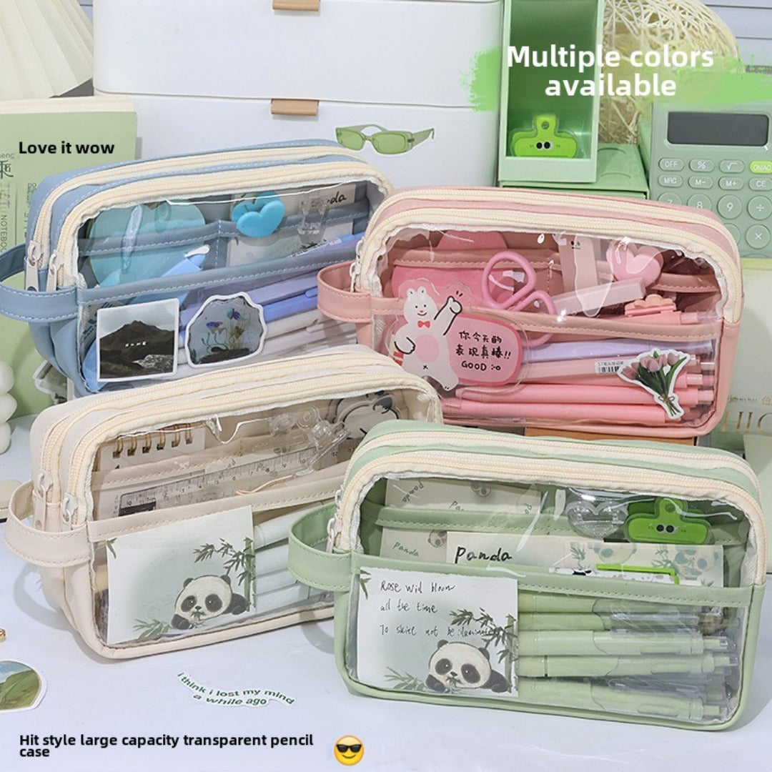 Multiple colors of large capacity transparent pencil case arranged with stationery items inside