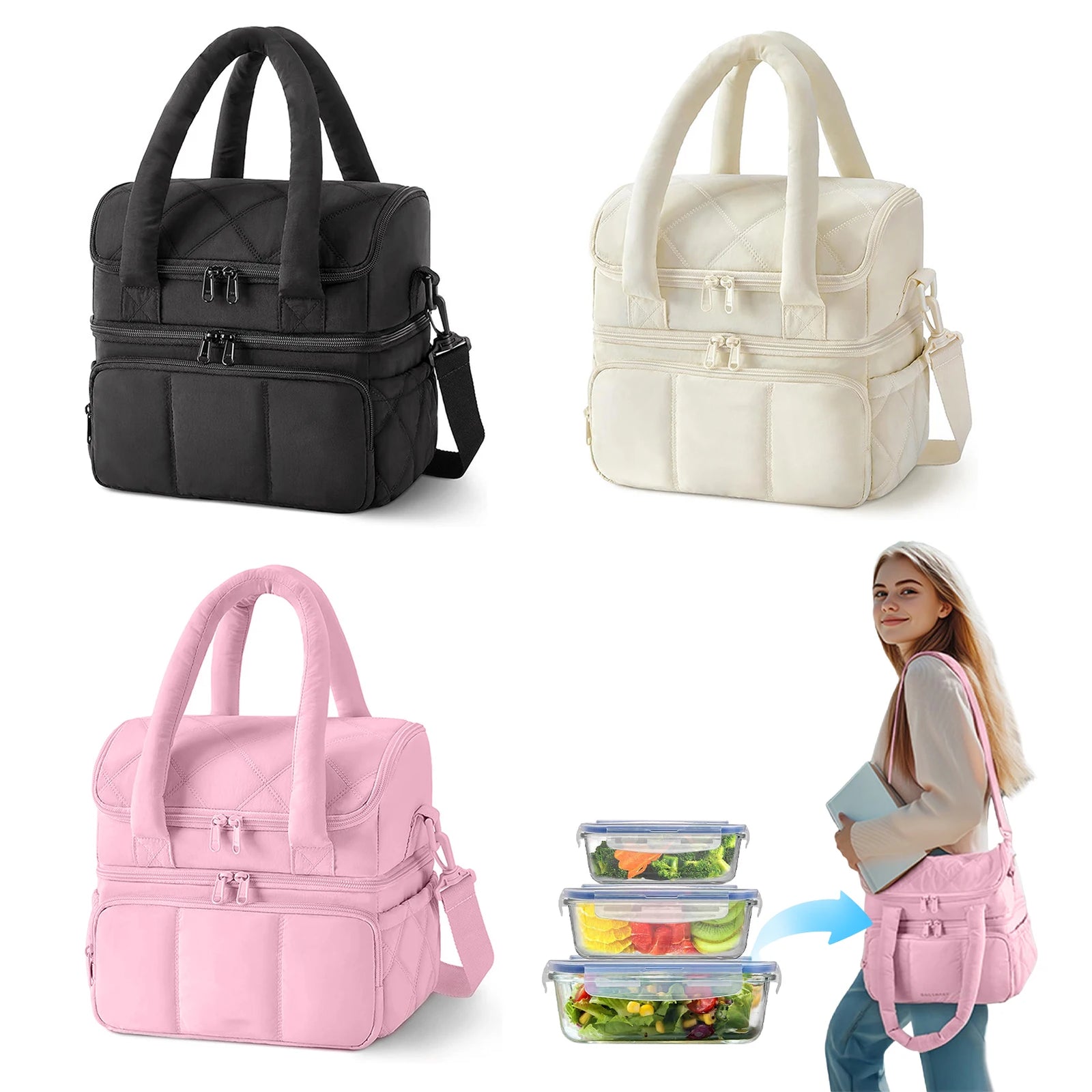 Large insulated lunch bag for travel in black, white, and pink with versatile storage