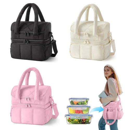 Large insulated lunch bag for travel in black, white, and pink with versatile storage
