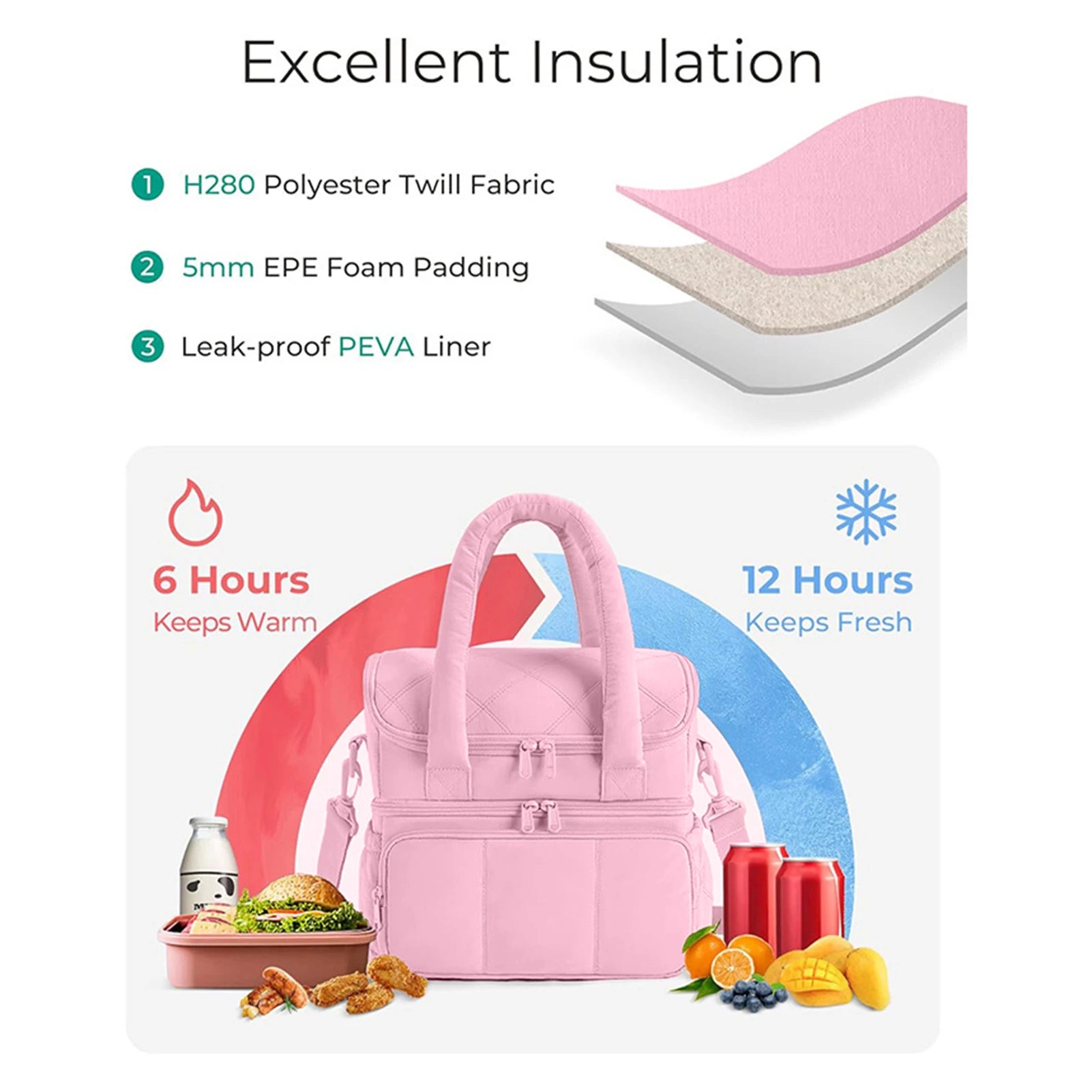 Pink large insulated lunch bag for travel with excellent insulation features