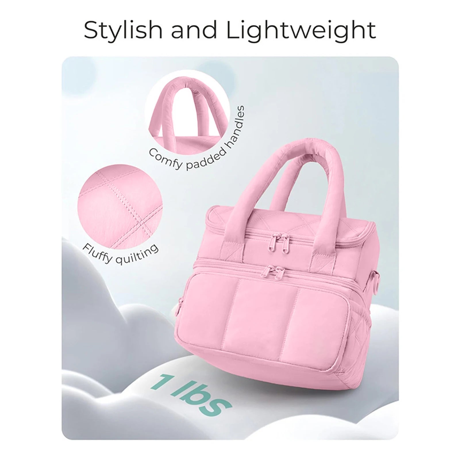 Pink large insulated lunch bag for travel with comfy handles and fluffy quilting