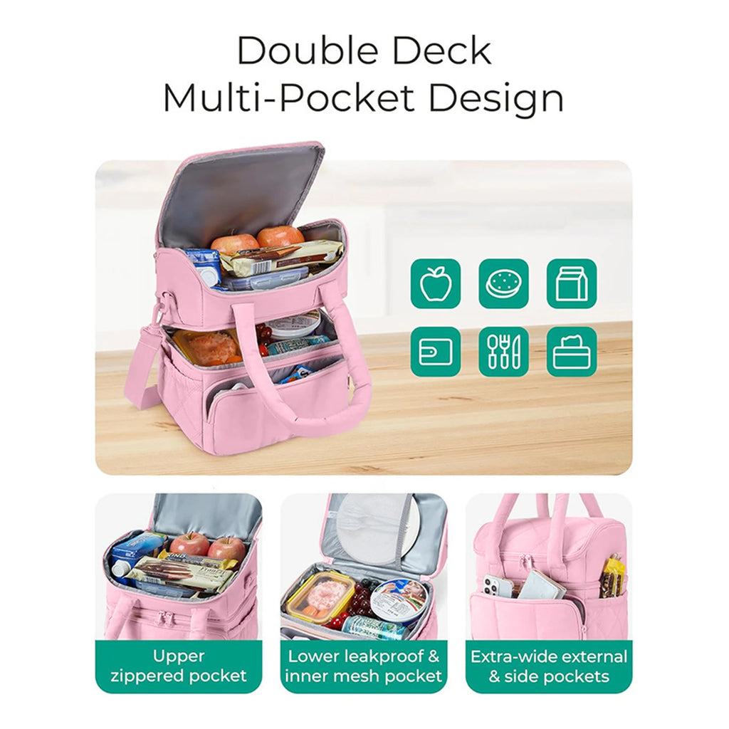 Pink large insulated lunch bag for travel with double deck pocket design