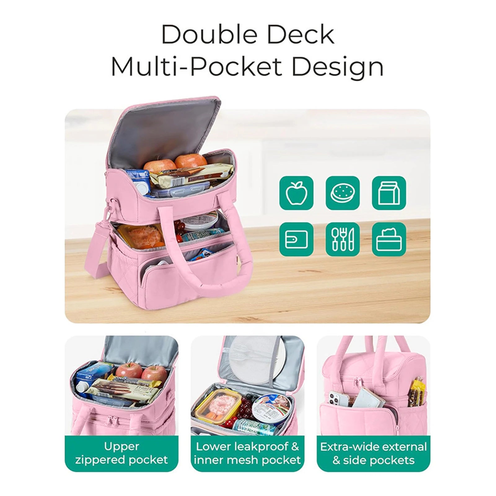Pink large insulated lunch bag for travel with double deck pocket design