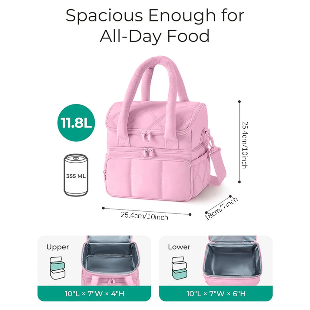 Large insulated lunch bag for travel in pink, spacious for all-day meals