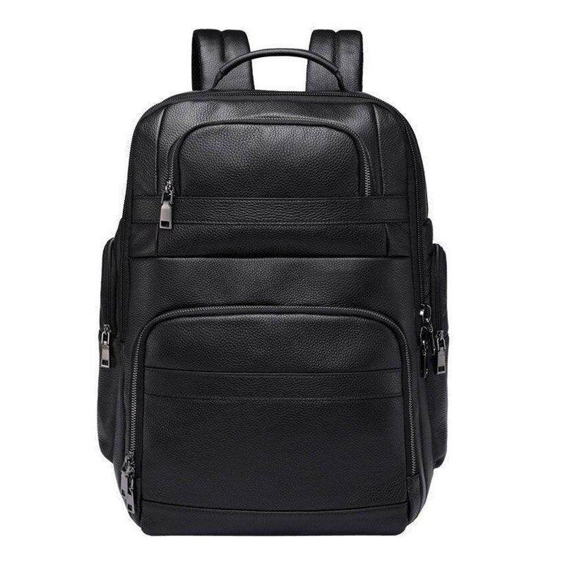 Large leather travel backpack with multiple compartments and adjustable straps for convenience