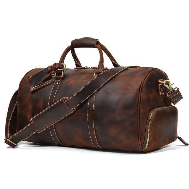 Large leather travel bag from VacationGrabs with durable design and adjustable shoulder strap