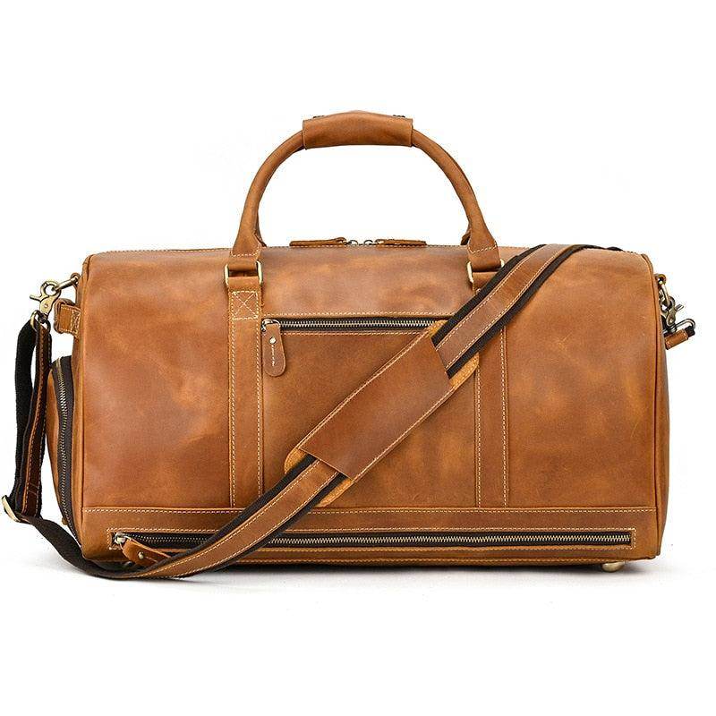 Large leather weekend bag from VacationGrabs with adjustable shoulder strap and multiple zippered pockets