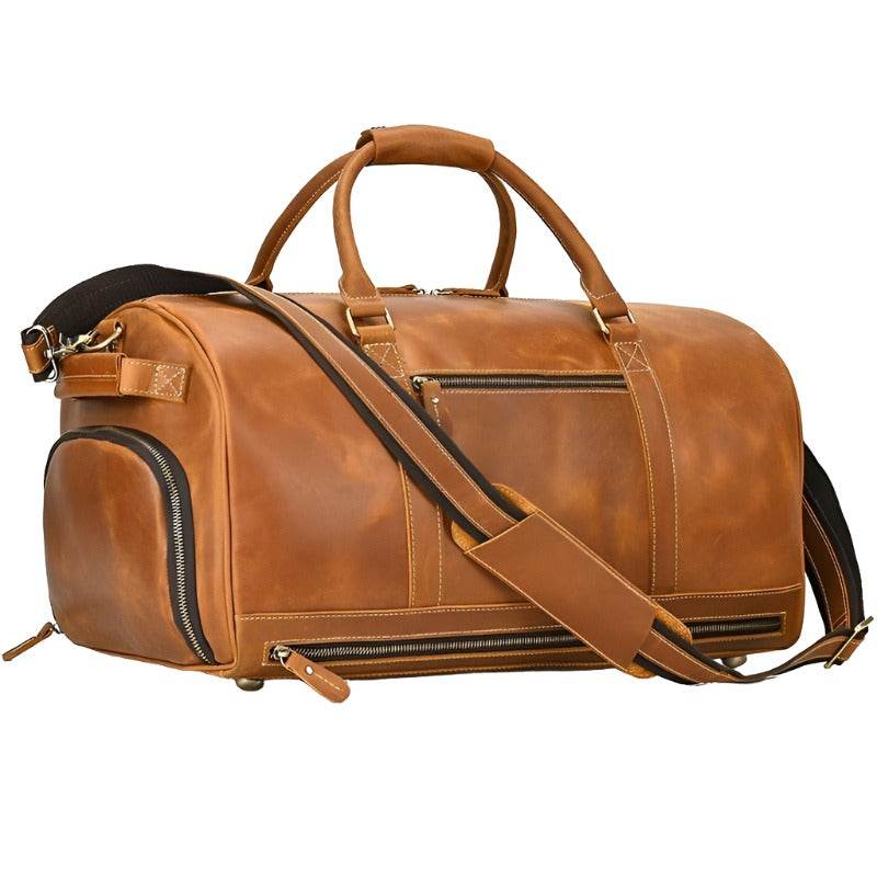 Large leather weekend bag from VacationGrabs featuring multiple compartments and a stylish design