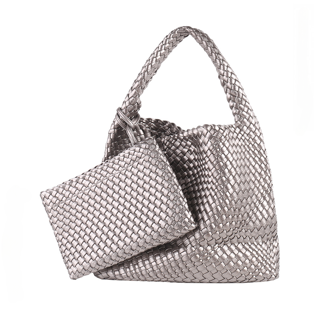 Large woven hobo bag in silver with detachable pouch for stylish everyday use