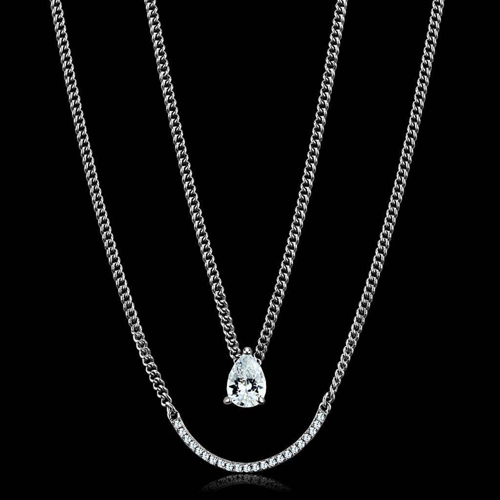 VacationGrabs layered chain pendant with cubic zirconia in silver featuring multiple chains and a sparkling drop design