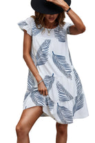 Women's leaf print ruffle dress from VacationGrabs with a stylish tiered design and flutter sleeves