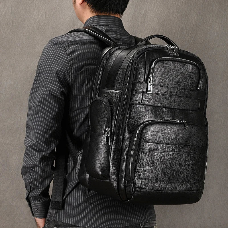 Men's black leather backpack backpack for travel and daily use