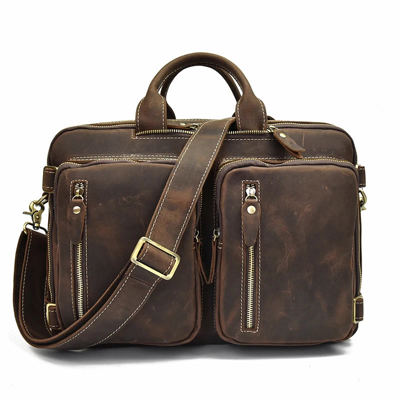 Brown leather backpack backpack with multiple pockets and adjustable strap
