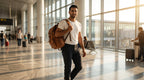 Man with leather backpack walking through airport departure hall, cinematic landscape view