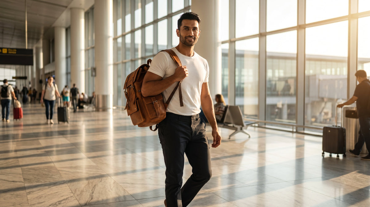Man with leather backpack walking through airport departure hall, cinematic landscape view