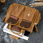 Brown leather bag for laptop with multiple pockets for organization