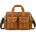 Brown leather bag for laptop with multiple pockets for organization