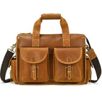 Brown leather bag for laptop with multiple pockets for organization