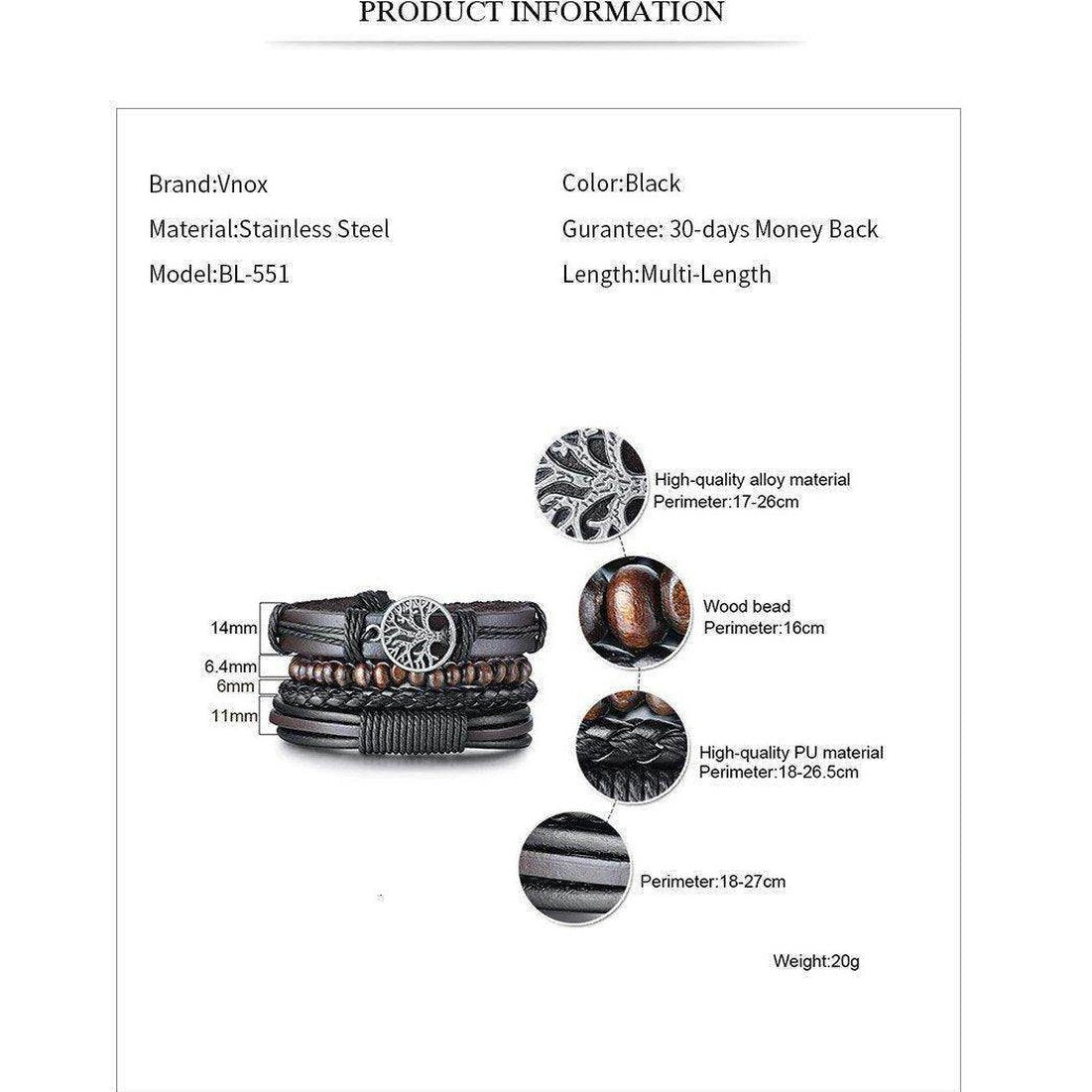 Black leather beaded bracelets for men with stainless steel accents and adjustable lengths