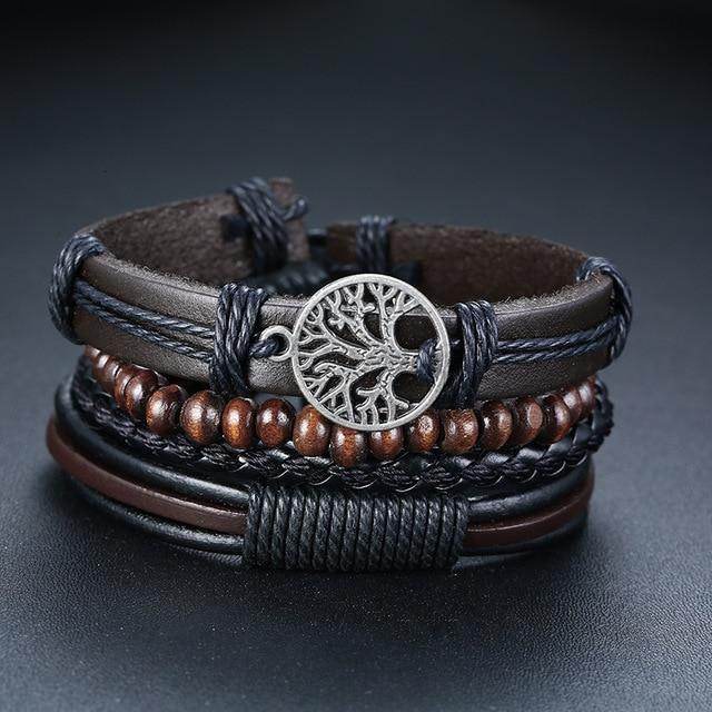 Stylish leather beaded bracelets for men featuring woven design and tree of life charm