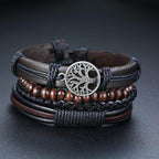 Stylish leather beaded bracelets for men featuring woven design and tree of life charm