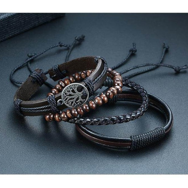 Stylish leather beaded bracelets for men including braided and tree of life designs