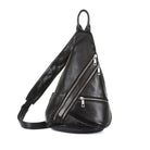Stylish leather black sling bag with multiple zippered pockets for convenient storage