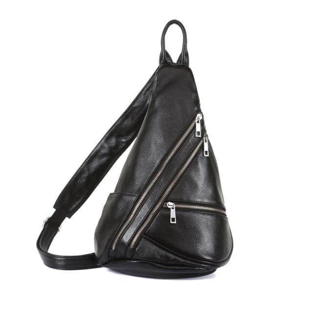 Stylish leather black sling bag with multiple zippered pockets for convenient storage