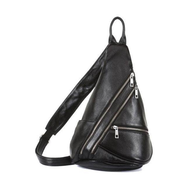 Leather black sling bag with multiple zippered compartments for easy access and stylish storage