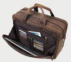 Brown leather briefcase with multiple pockets for organizing essentials