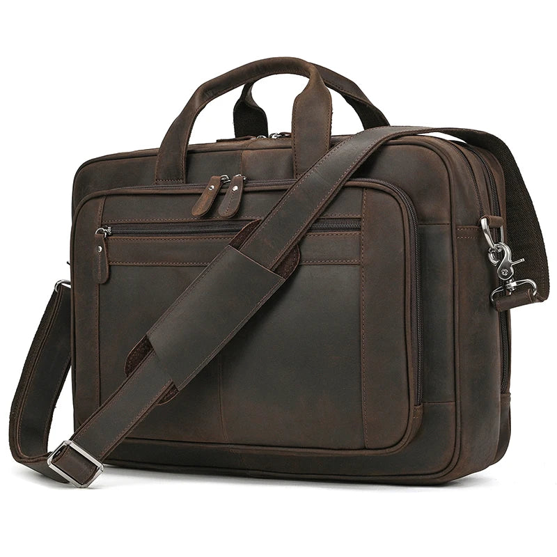 Brown leather briefcase with adjustable shoulder strap for professionals