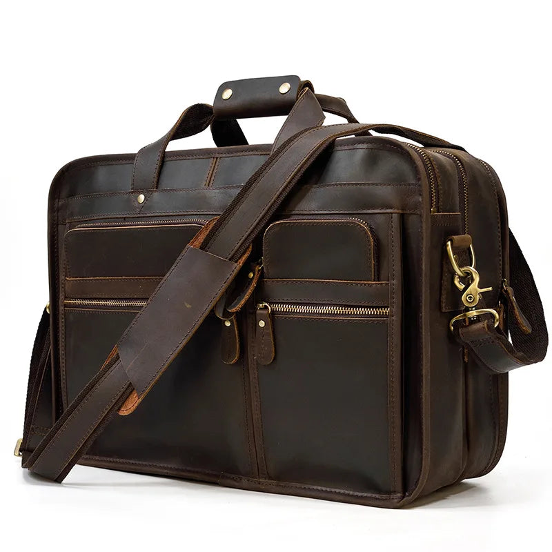 Brown leather briefcase with multiple pockets for organization