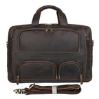 Brown leather briefcase with multiple pockets for business use