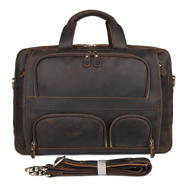 Brown leather briefcase with multiple pockets for business use