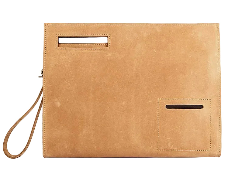 Tan leather briefcase with minimalist design for work use