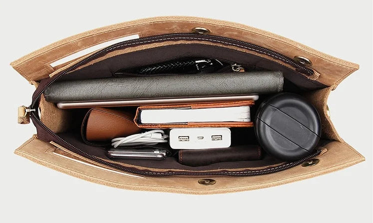 Leather briefcase with organized compartments for professional use
