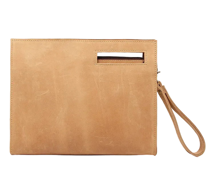 Tan leather briefcase, stylish and functional for work use