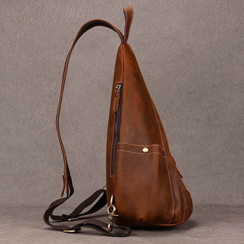 Brown leather chest bag sling for everyday use