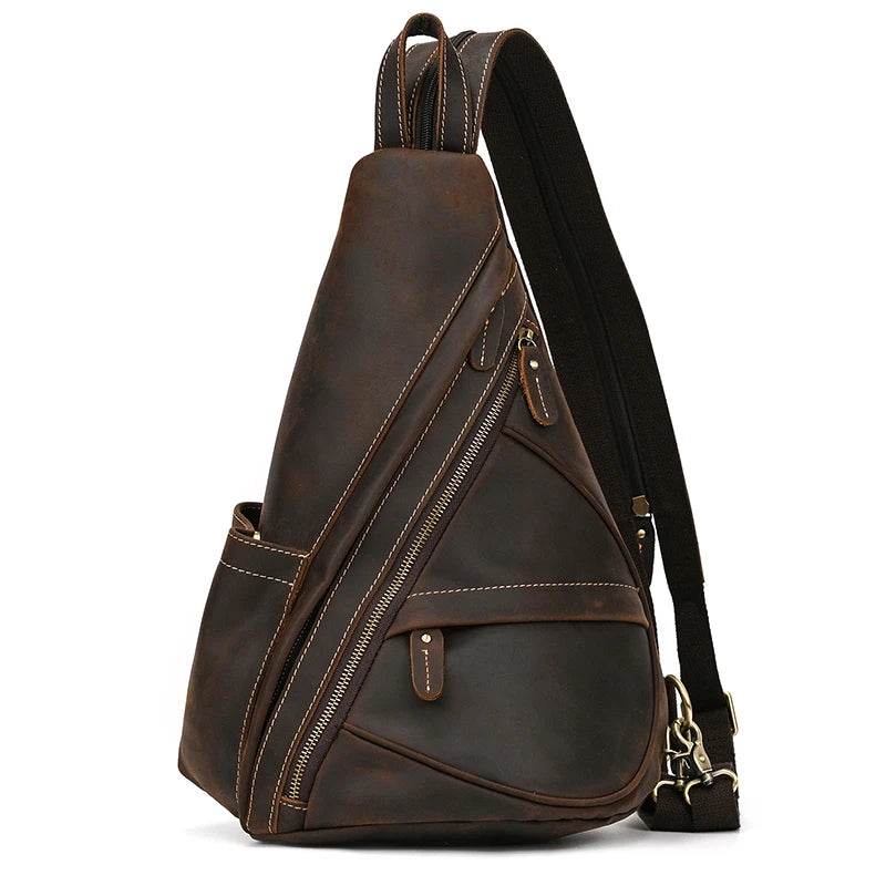 Brown leather chest bag sling for stylish, hands-free travel